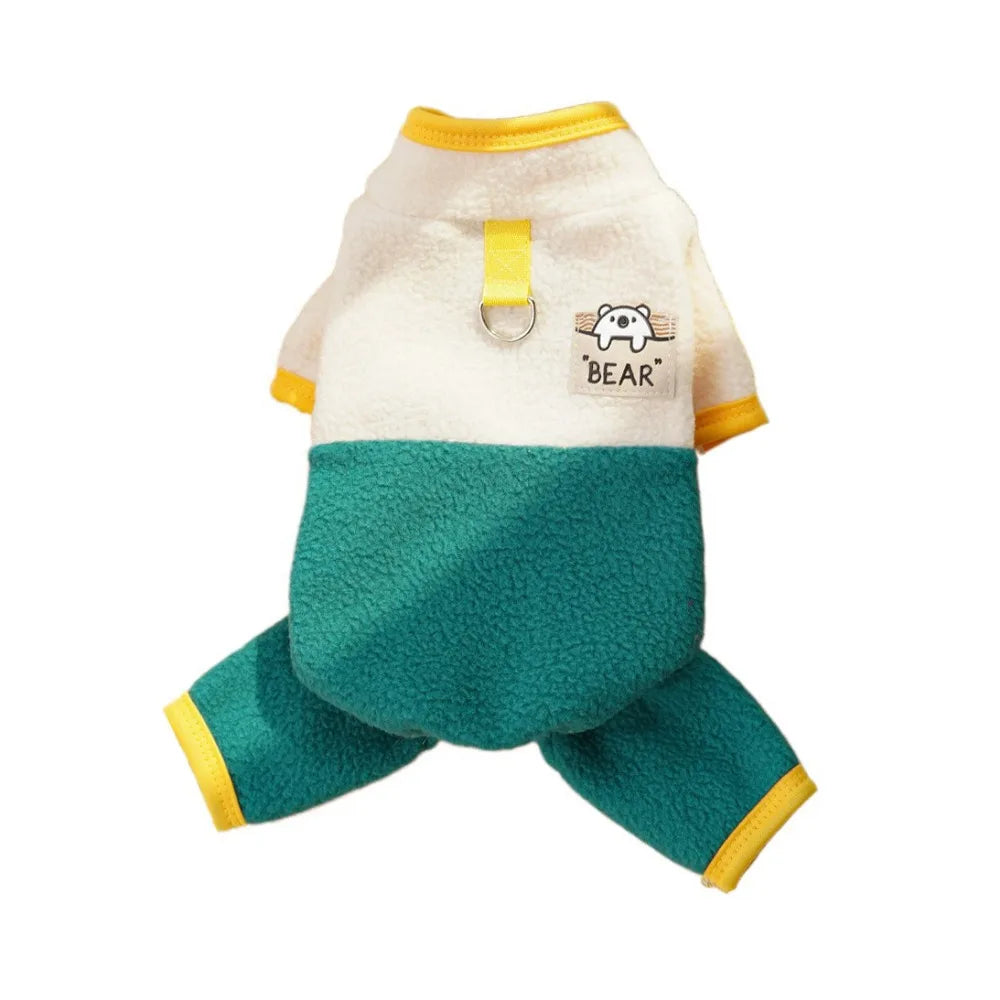 Warm Dog Jumpsuit – Polar Fleece Four-Legged Pants with Stand Collar, Cartoon Bear Pattern, D-Ring Puppy Harness Coat