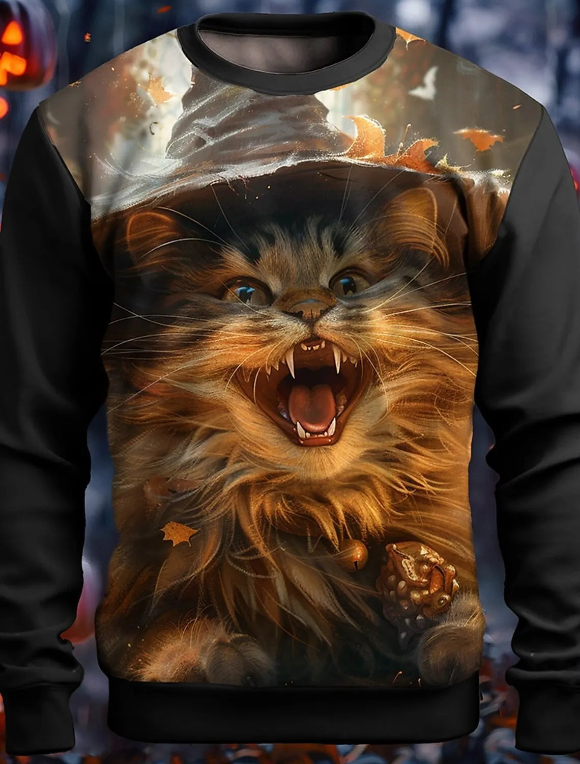 3D Printed Halloween Kitten Pattern 3D Printed Autumn Men's Crew Neck T-Shirt Casual Long Sleeve Oversized Pullover Fashion Tops