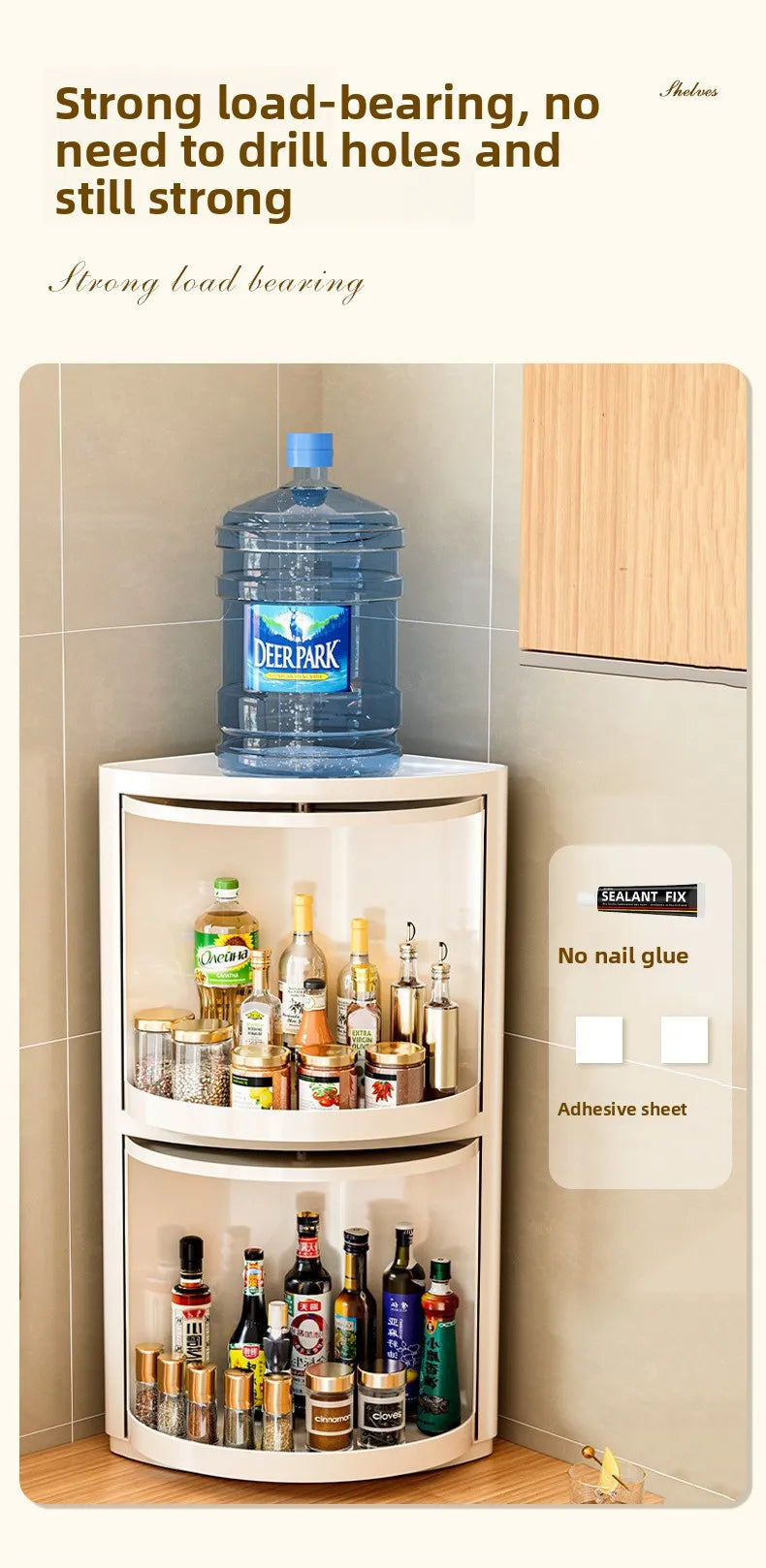 Kitchen triangular rotating shelf wall-mounted storage rack 360° Rotating spice rack, corner storage rack, bottle and jar organiser