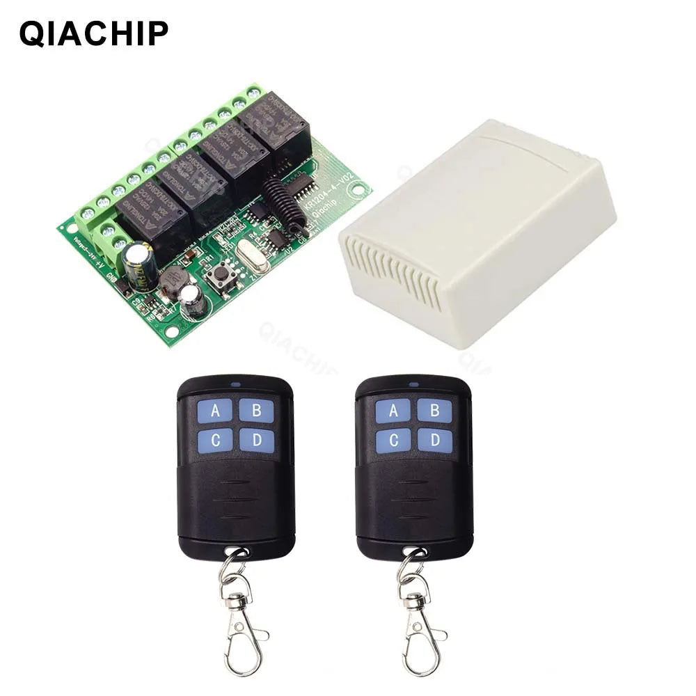 QIACHIP 4CH 433.92MHz Relay Module – DC 5V/12V/24V/48V 10A Wireless Remote Control Switch for EV1527, DC Motor DIY