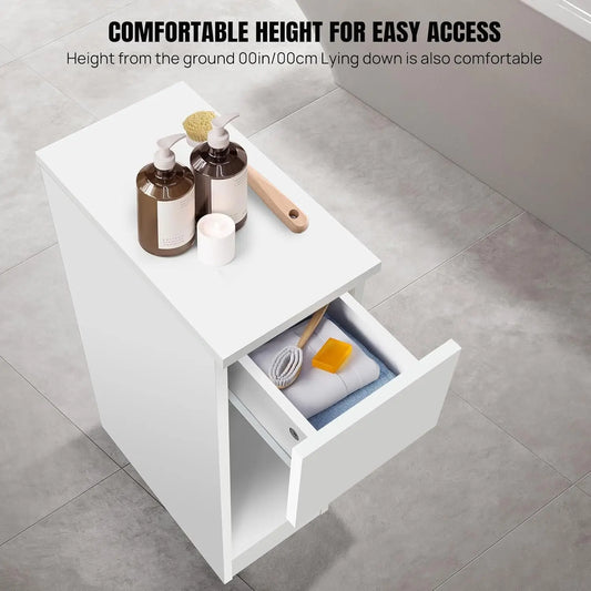 EFAN Narrow Side Table Slim End Table with Open Shelf & Drawer, Sofa Bedside Thin Table for Small Spaces Nightstand, 34x20x60cm