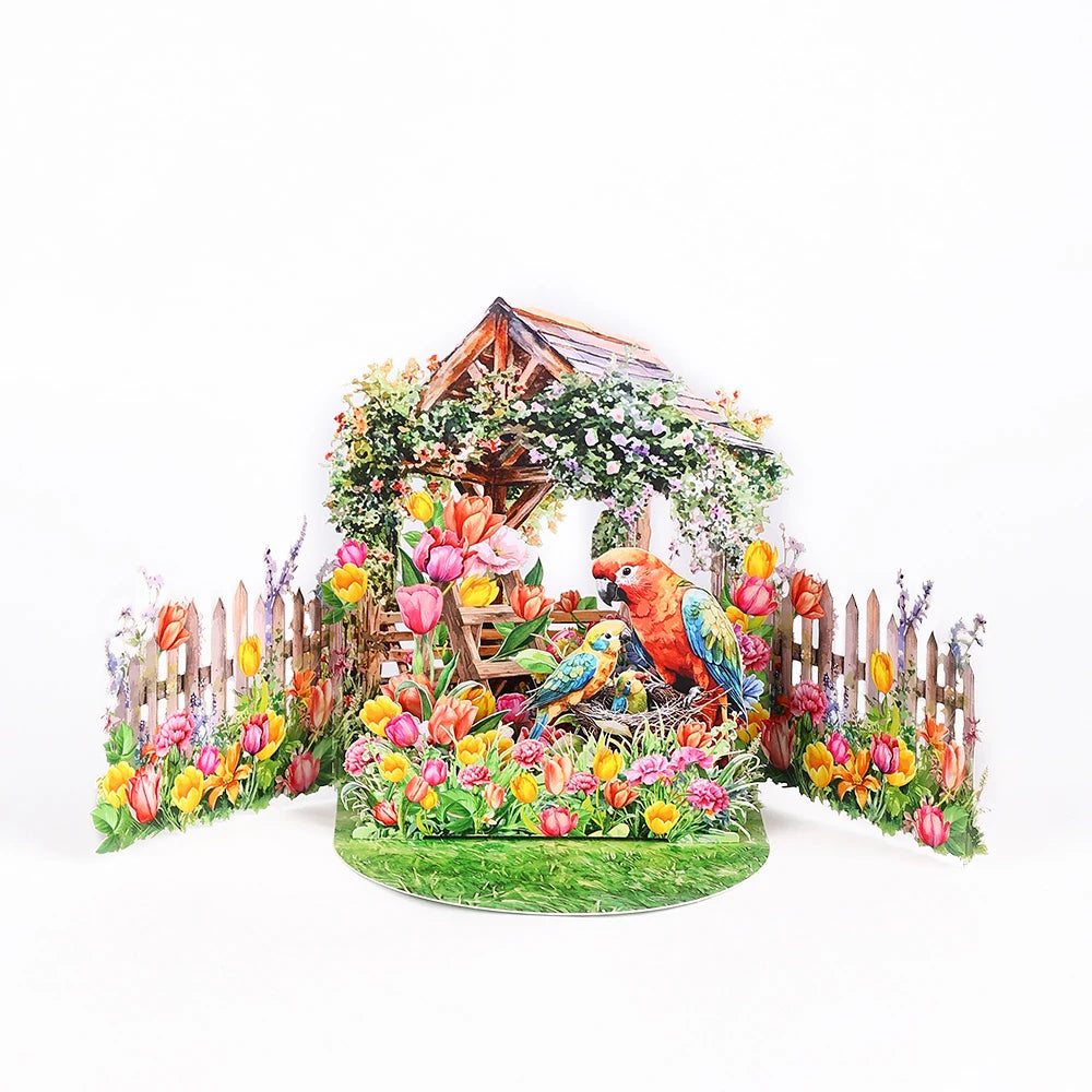 Pink Rose Garden pop-up greeting card, birthday anniversary gift for your lover mother teacher, Spring comfortable cozy kitten