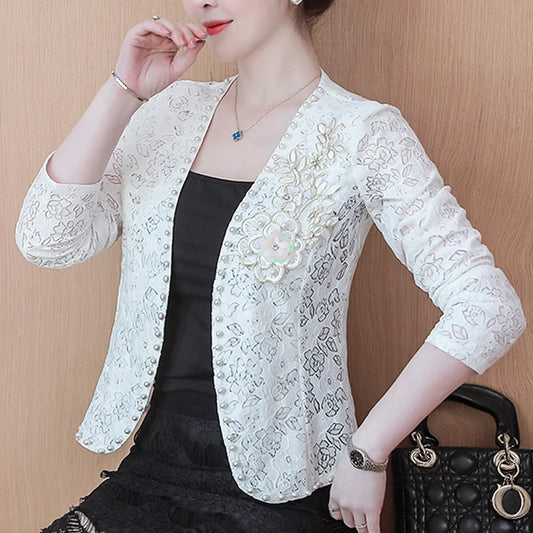Short Lace  Long Sleeve Embroidery Cardigan