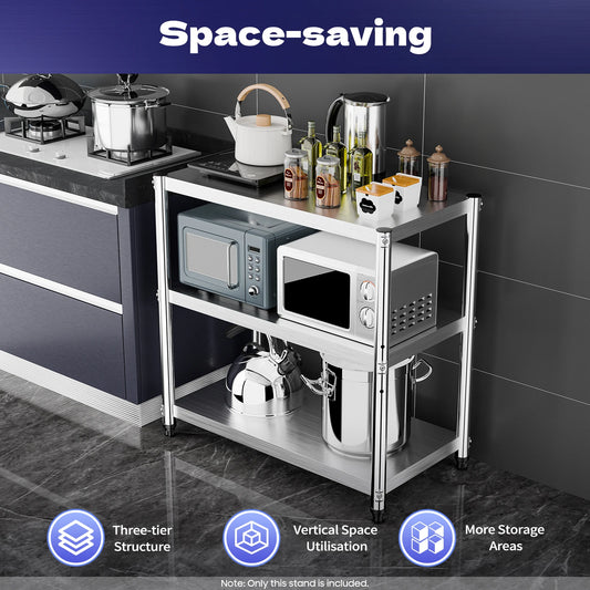 3-Tier Stainless Steel Work Table Kitchen Storage Prep Table Multifunctional Food Prep Worktable