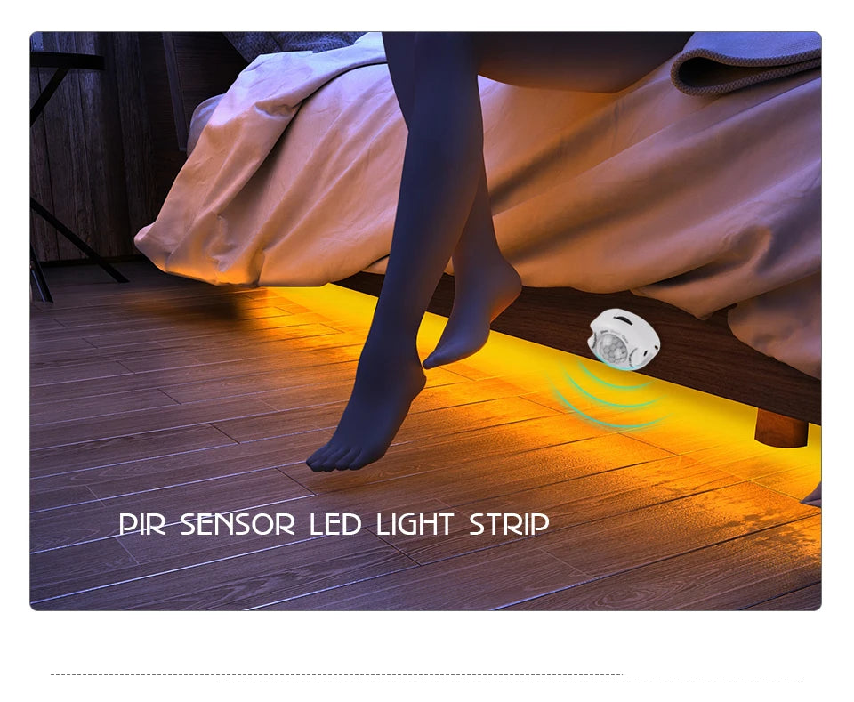Motion Sensor Under Cabinet Lights Cupboard Kitchen Bed Emergency Night Light Flexible LED Strip DC 12V US EU Power Adapter