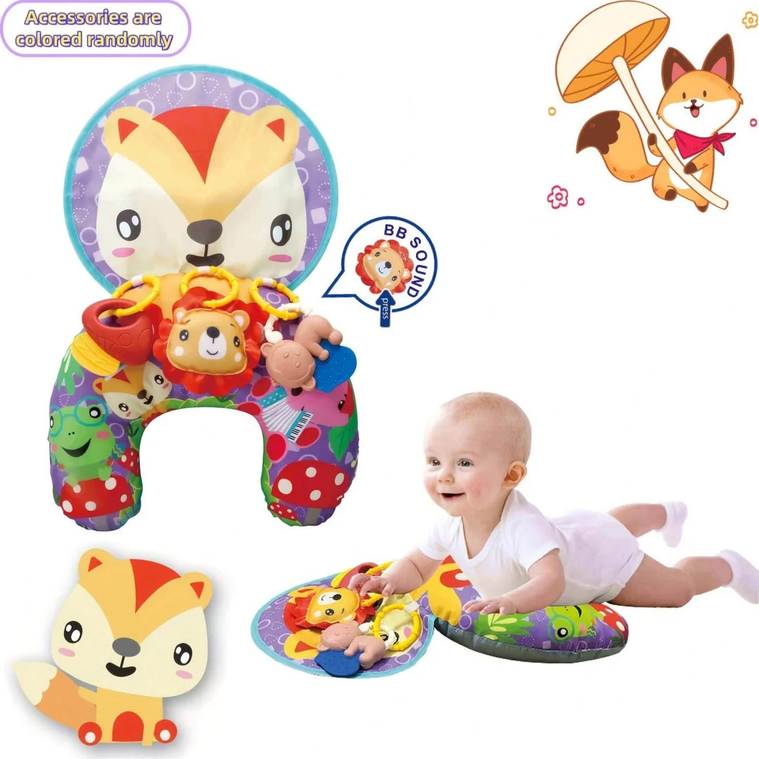 Baby Tummy Time Pillow with Rattle Toys, Multifunctional Crawling Mat Play Gym for Infants, Colorful Cartoon Animals Support Cus