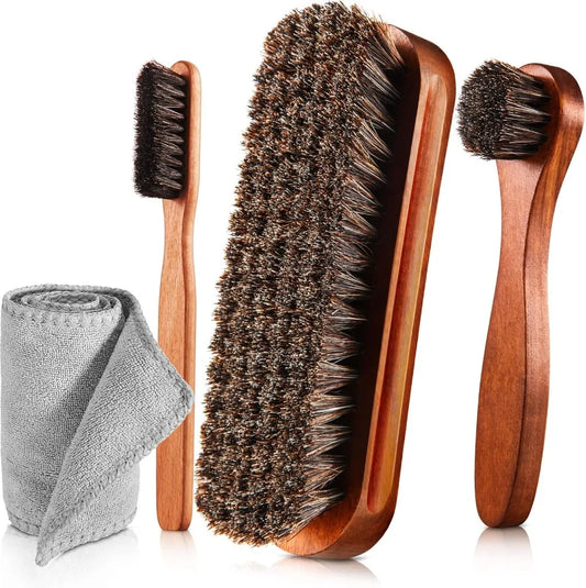 4 Pieces Horsehair Shiny Shoe Brush Set Polishing Applicator Cleaning Leather Shoes Boot Care Brush Suede Cleaning Brush