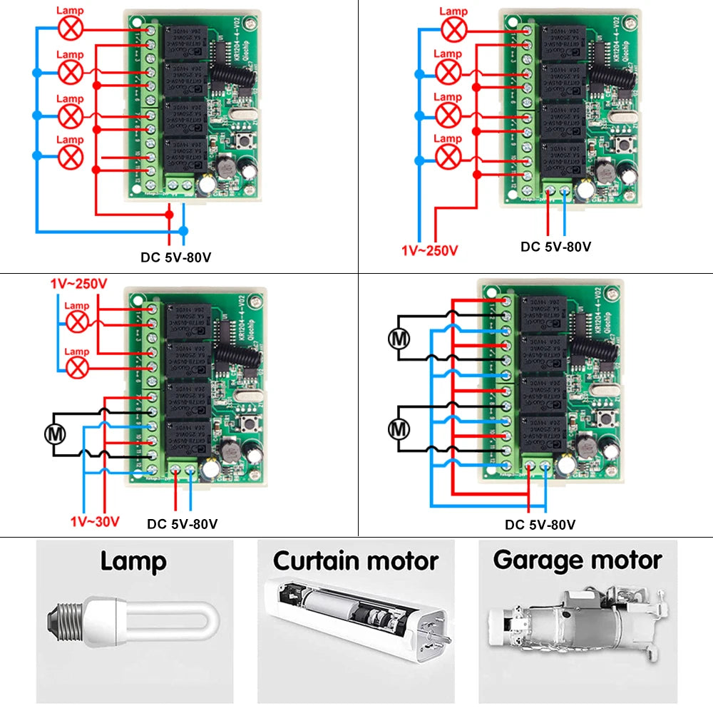 QIACHIP 4CH 433.92MHz Relay Module – DC 5V/12V/24V/48V 10A Wireless Remote Control Switch for EV1527, DC Motor DIY