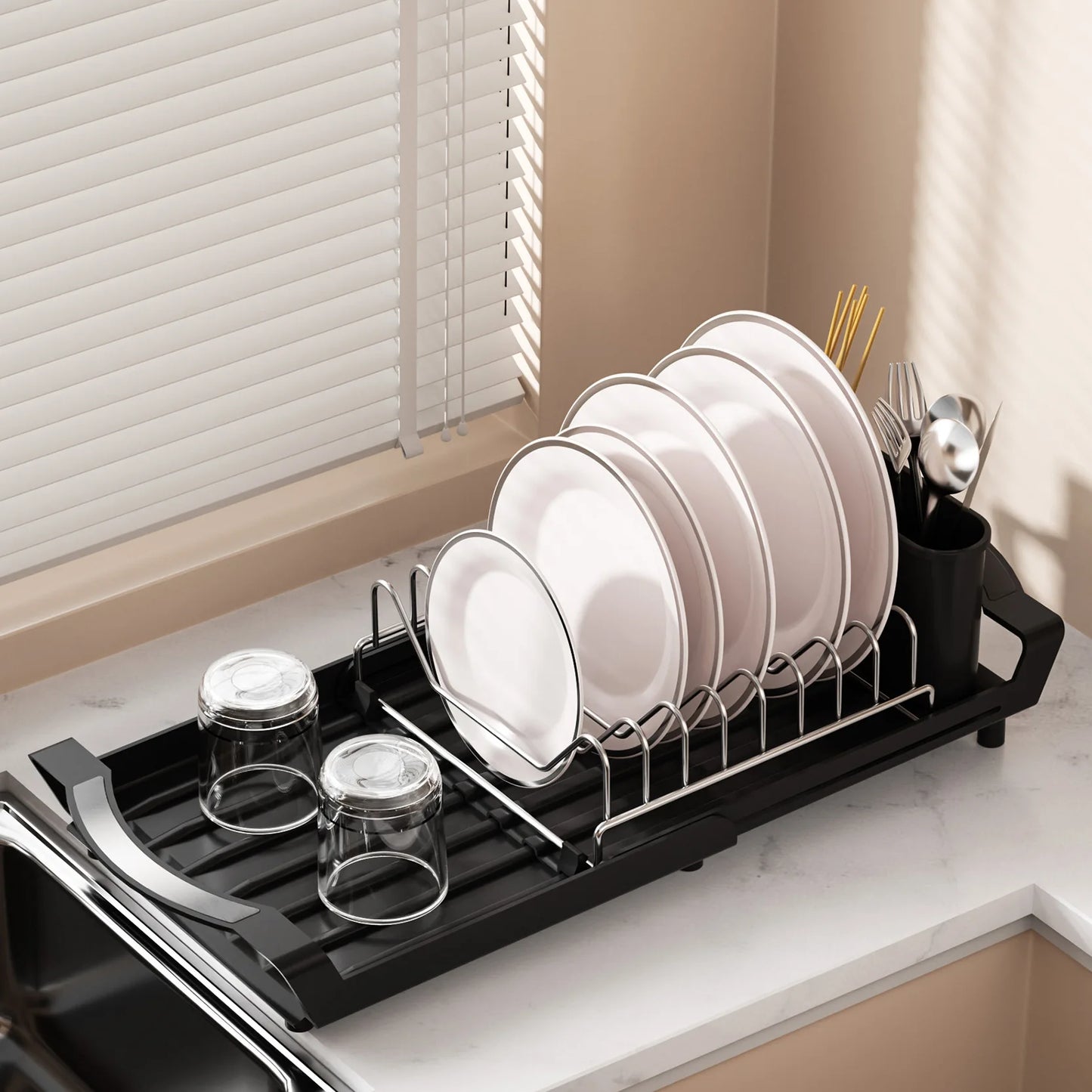 1pcs Expandable Small Dish Drying Rack Dish Racks for Kitchen Counter Dish Drainer with Removable Cutlery Holder