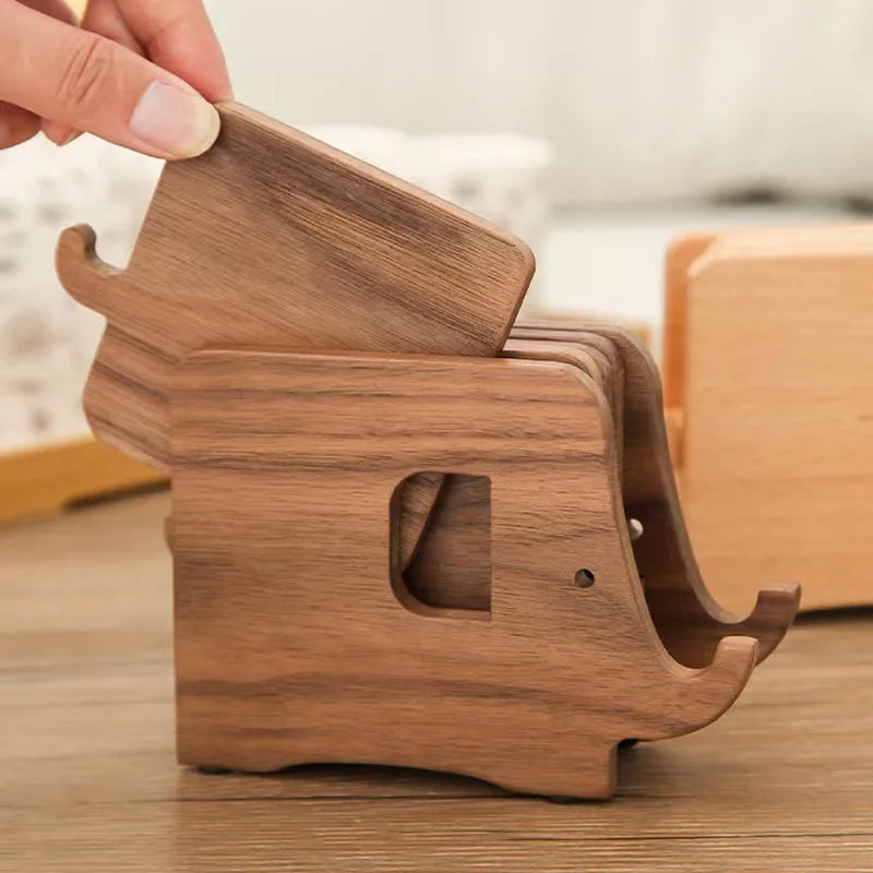 HeMu Cute Elephant Wooden Coaster Set Wood Heat-Resistant Drink Coasters with Holder, Decorative Table Pads for Kitchen, Dining