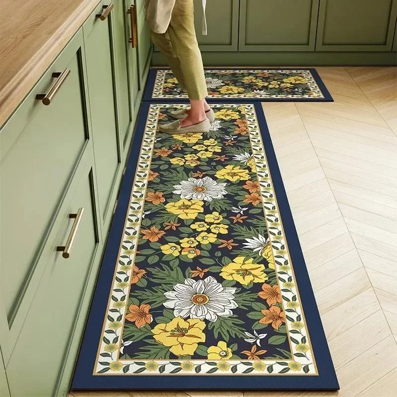 Carpet for Kitchen Floor Mat Pvc Leather Waterproof Non-slip Long Rug Oil-proof Foot Mats Pink Flower Home Decoration Rugs