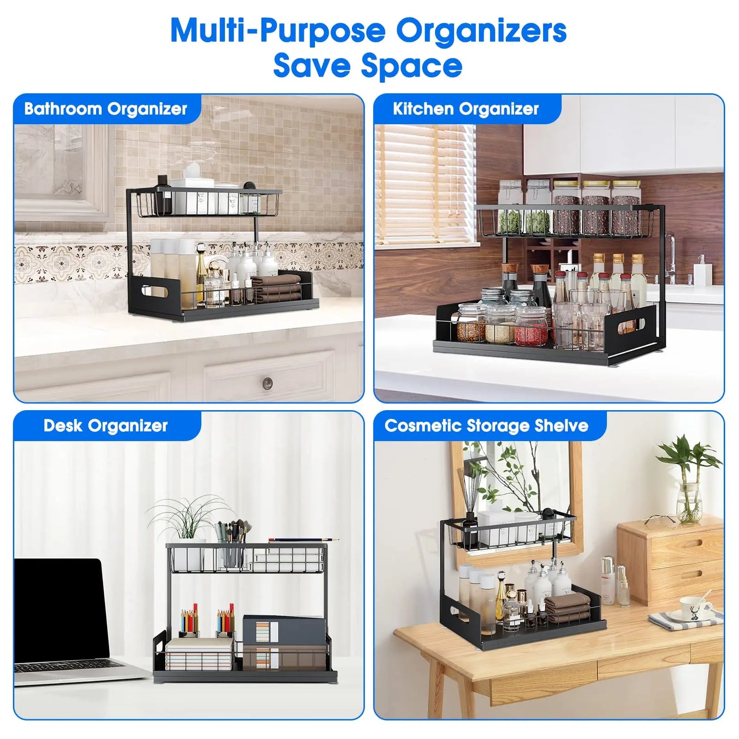 Under Sink 2 Tier Sliding Cabinet Basket Organiser Drawer Pull Out Cabinet Multi-Purpose  Sink Organiser for Bathroom Kitchen