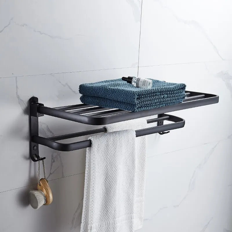 Matte Black 50CM Folding Holder With Hook Towel Holder Wall Mount Aluminum Towel Rack