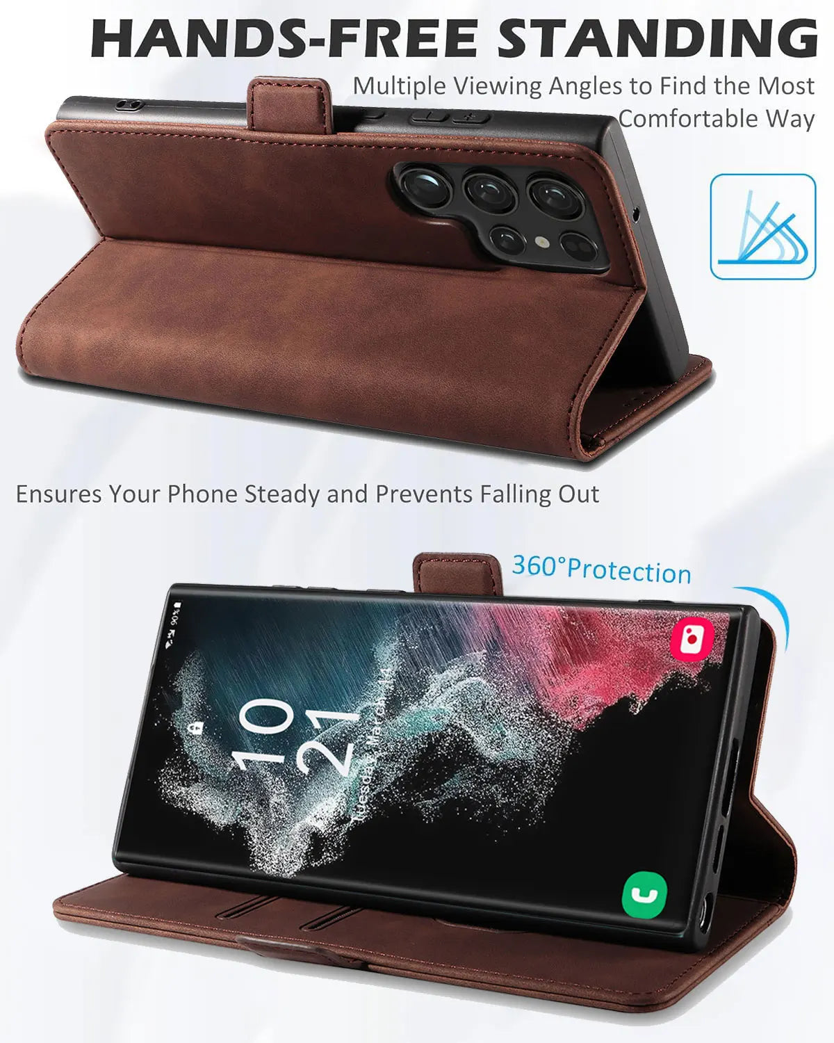 For Samsung Galaxy S22 Ultra 5G Leather Case Rugged Phone Flip Card Slots Magnetic Wallet Phone Cover Dark Brown