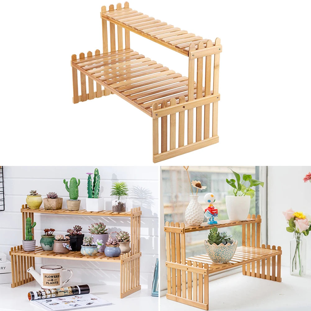 2 Tier Decorative Tabletop Wood Plant Stand Display Shelf For Home Office Tidy Storage Organiser