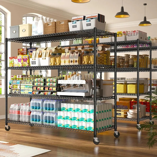 Wire Shelving Unit with Wheels, 4 Tier Adjustable Storage Shelves for Kitchen, Pantry, Office, Garage, Warehouse,
