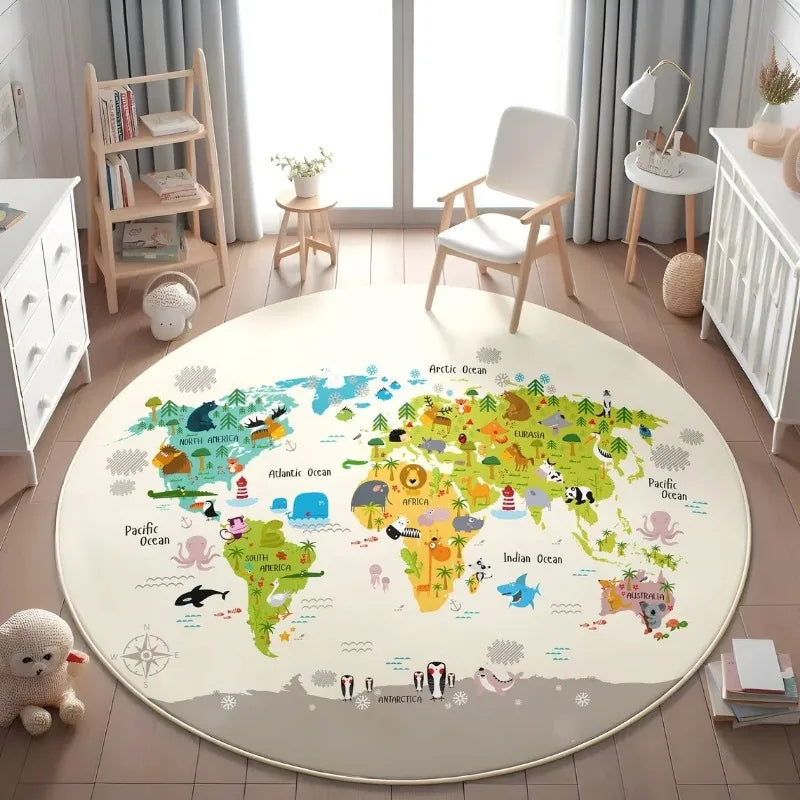 Children's Play Round Floor Mat Animal World Map Printed Carpet Children's Bedroom Bedside Non Slip Foot Mat Home Decoration