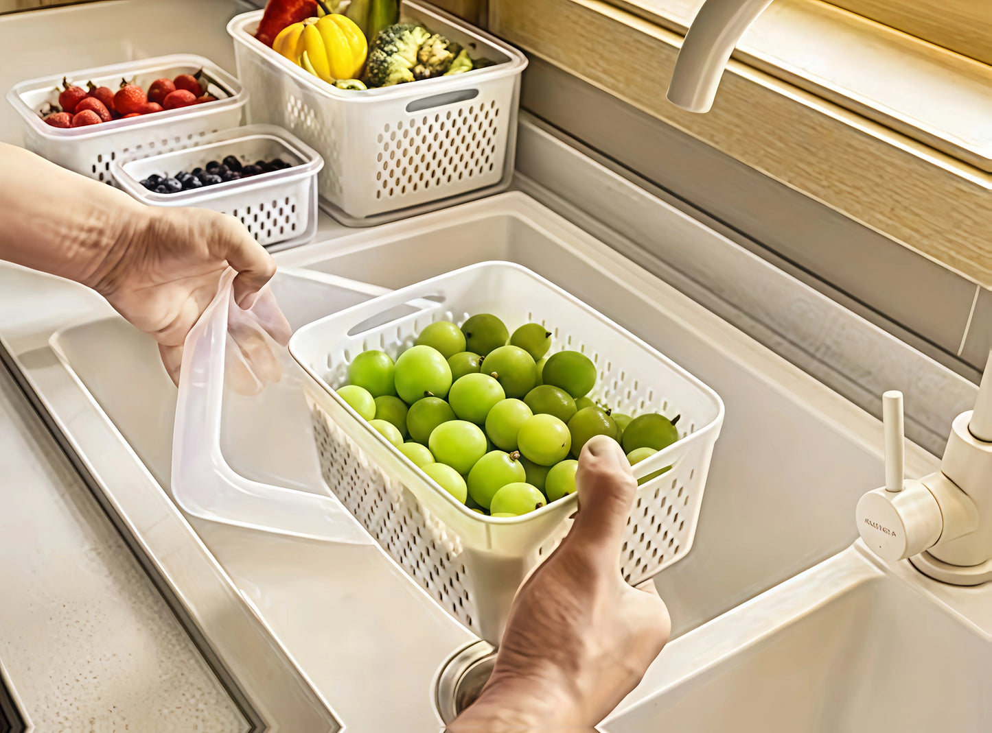 9Pcs/set Fruit Storage Containers for Fridge, Fridge with Removable Colander, All-In-One Fruit Washing Bowl with Strainer
