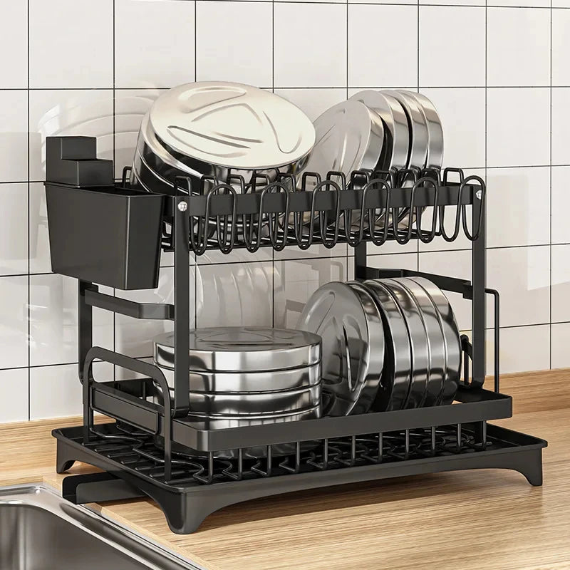 Black 2 Tier Dish Drying Rack Multifunctional Kitchen Bowl Dish Drain Rack Complete Set for Tableware Cutlery Cup Storage