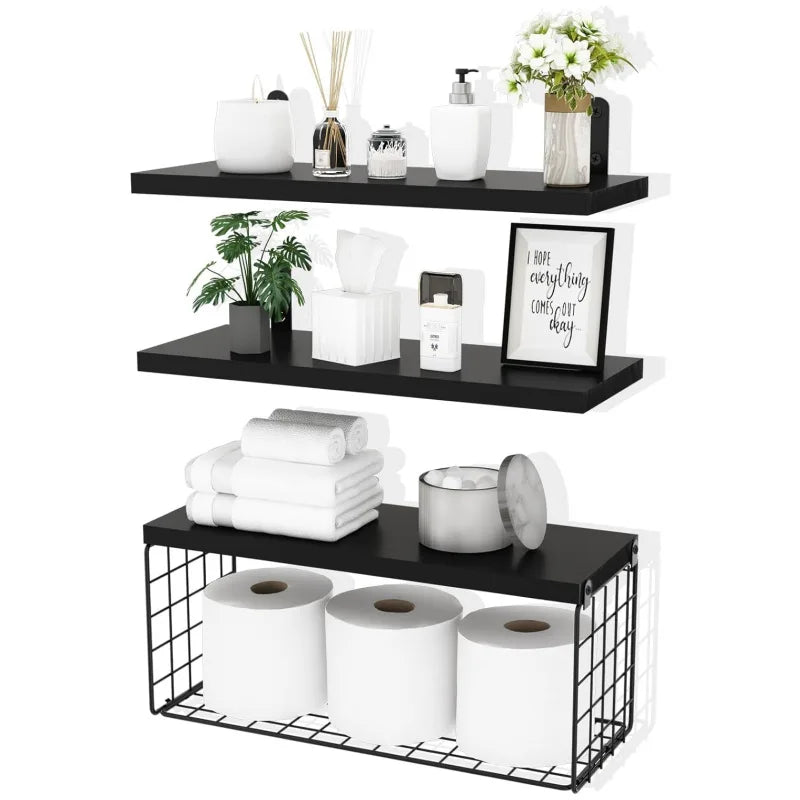 Bath Wall Towel Storage Holder Set Above Toilet, Rolled Towel Shelf Organiser for Small Bathroom Black Wood Vertical Towel Rack