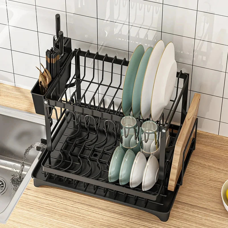 Black 2 Tier Dish Drying Rack Multifunctional Kitchen Bowl Dish Drain Rack Complete Set for Tableware Cutlery Cup Storage