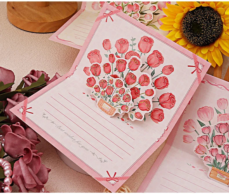 Pop up 3D bouquet greeting card postcard Father's Valentine's  March 8t Mother's Day blessings National Day creative cards gift