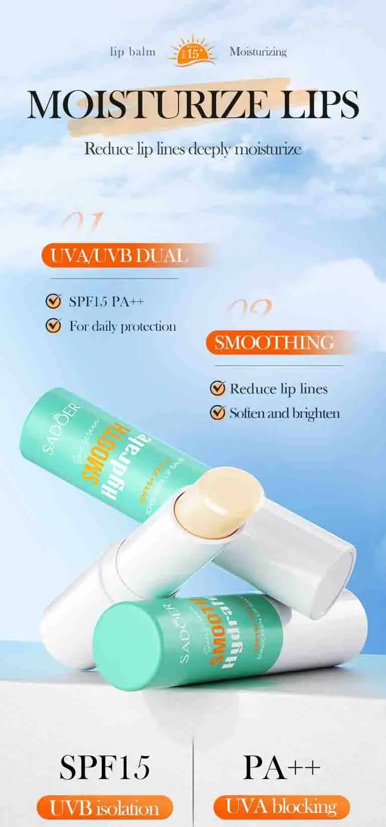 SADOER Spf 15+ Lip Sunscreen Solar Blocker Moisturising Lip Balm