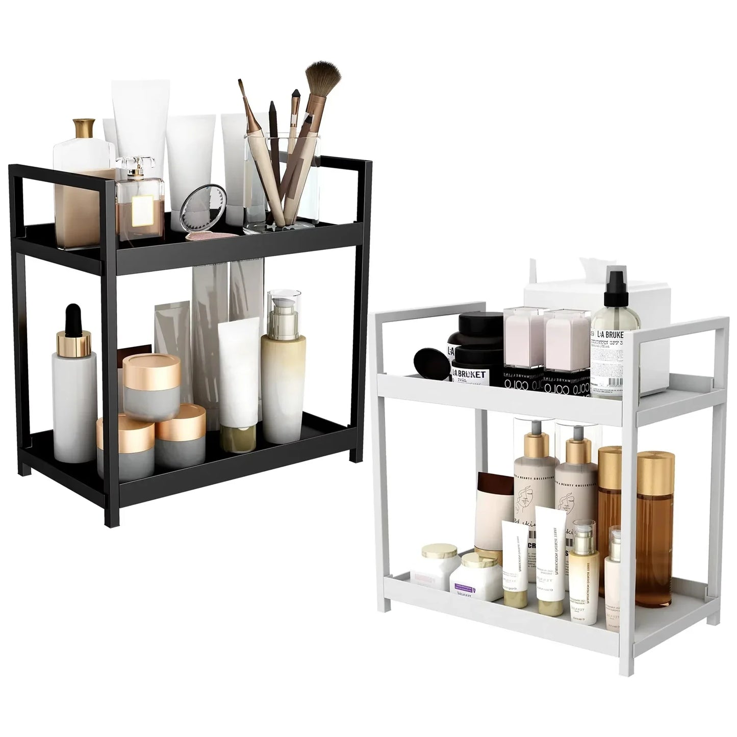 2 Tier Under Sink Organiser Sliding Cabinet Basket Organiser Storage Rack with Hooks Hanging Cup Bathroom Kitchen Organiser