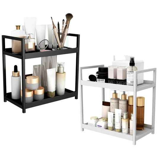 2 Tier Under Sink Organiser Sliding Cabinet Basket Organiser Storage Rack with Hooks Hanging Cup Bathroom Kitchen Organiser