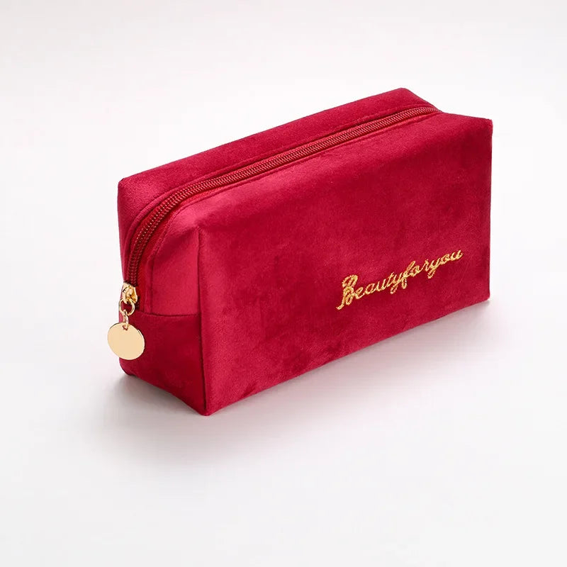 Plush Cosmetic Bag for Women – Large Zipper Makeup & Toiletry Travel Pouch, Solid Color Beauty Bag