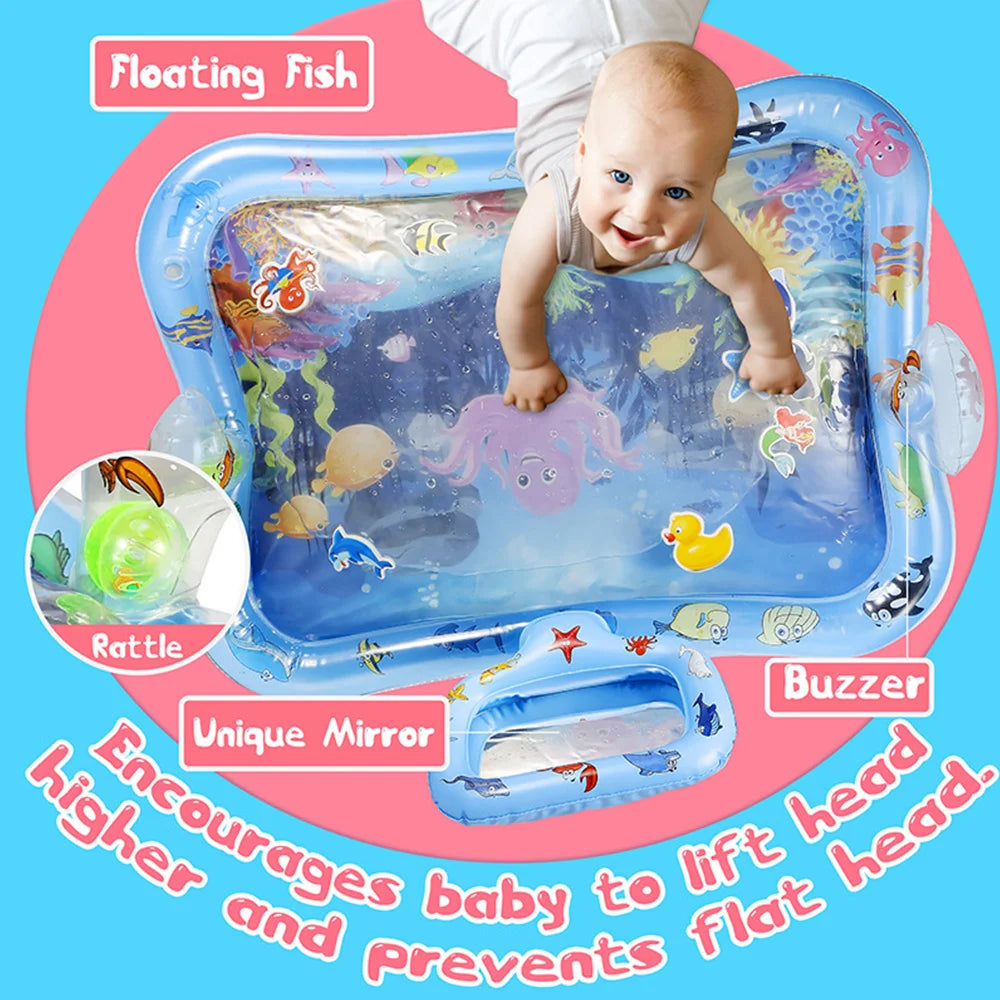 Tummy Time Water Mat for Baby Boy Girl PVC Inflatable Play Mat with Mirror Rattle Buzzer for Infants Toddlers Fun Play Activity