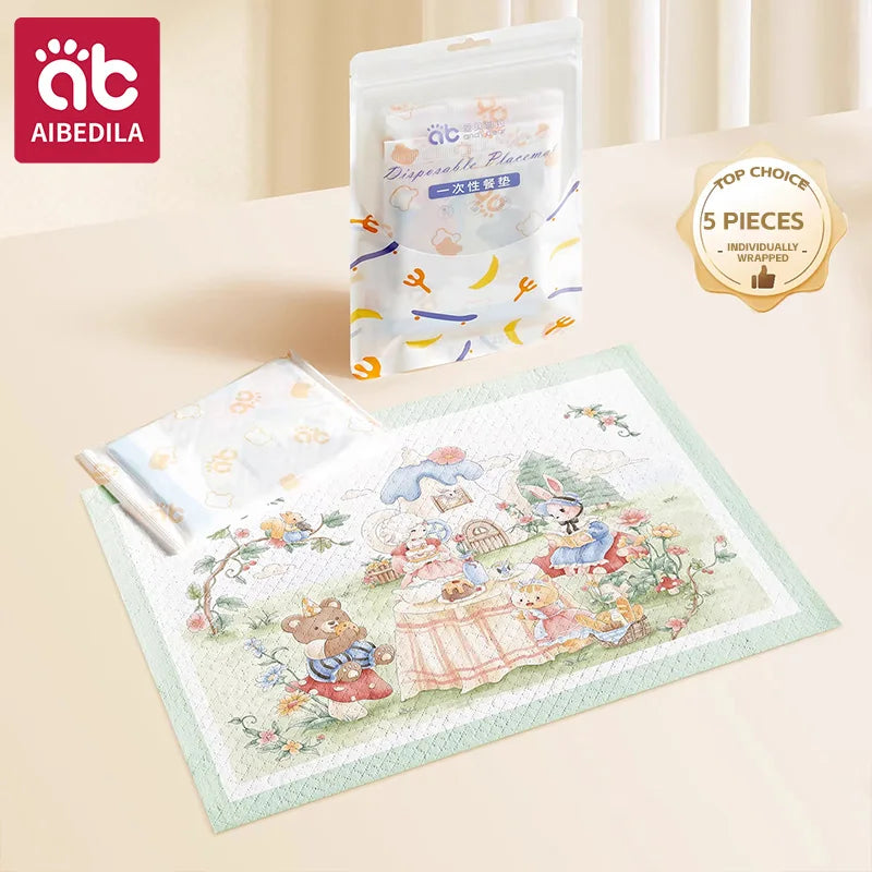 AIBEDILA Baby Disposable Table Mats Oilproof Waterproof Sticky Placemats Cute Animal Design Portable Dining Pads for Toddlers