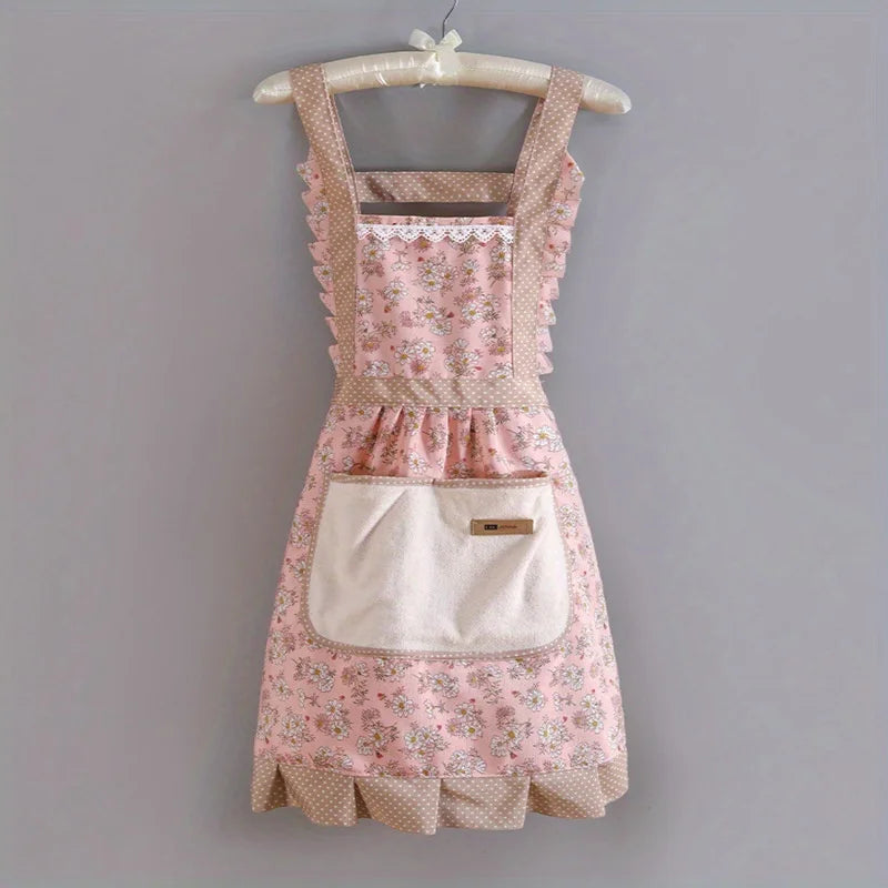 1pc Strap Canvas Floral Apron with Hood, Waterproof Oil-resistant Breathable Workwear Waist Apron