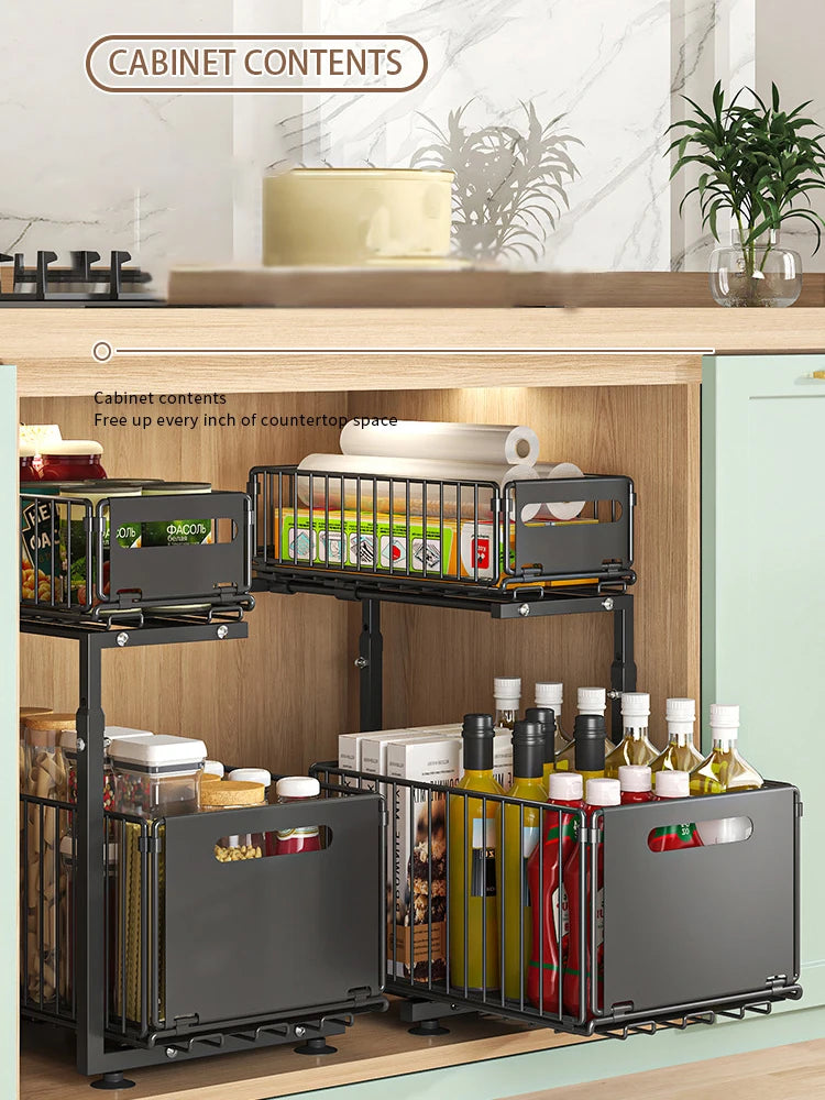 Pull-Out Under Sink Organiser, 2-Tier Adjustable Height Sliding Shelf for Kitchen/Bathroom Cabinet Storage, Black & White