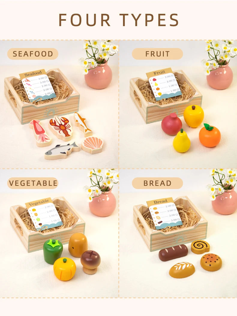 Wooden Pretend Play Kitchen Toys Cutting Food Accessories Set Fruit Vegetable Bakery Meat fish Early Educational Cognition Toys