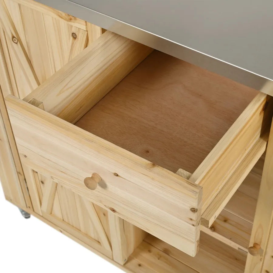 Outdoor Kitchen Island Fir Wood Kitchen Island with Stainless Steel Top Ample Storage Space Towel and Spice Racks and a Bottle