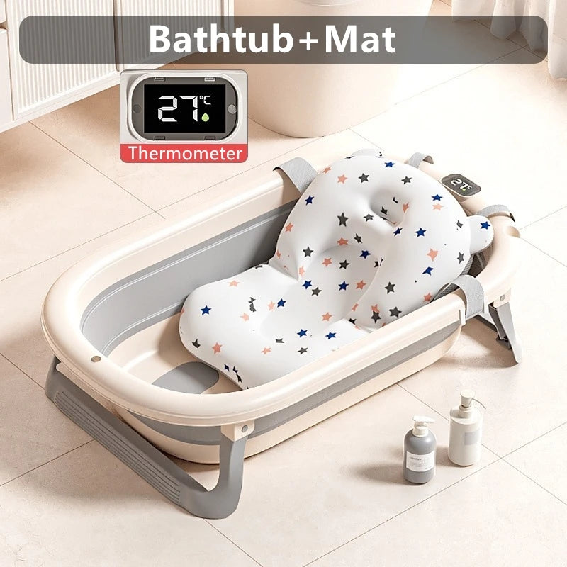 Multi-Functional Collapsible Baby Bathtub with Bath Rack and Non-Slip Mat Foldable Baby Shower Tub Portable Space Saving