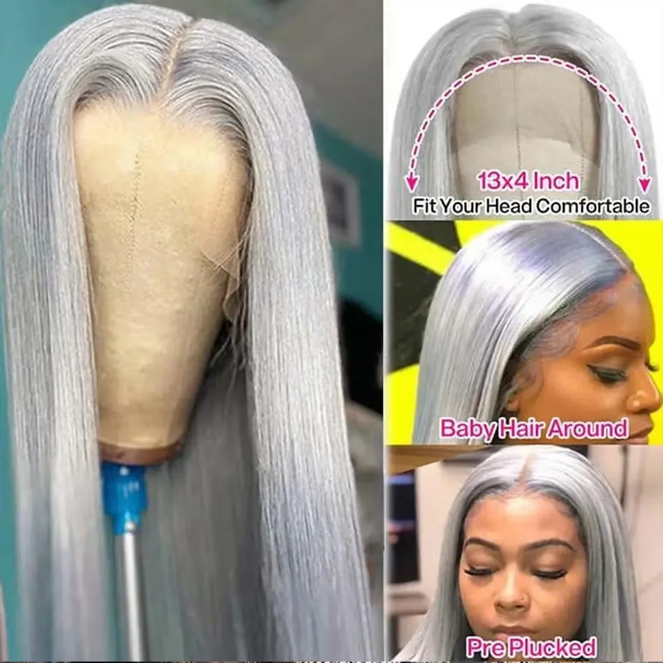 Grey Lace Front wig human hair Straight 13x4 Pink HD Lace Frontal Wigs Human Hair Pre Plucked with Baby Hair Pink Color Wig Hair