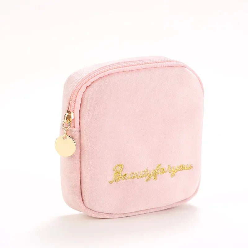 Plush Cosmetic Bag for Women – Large Zipper Makeup & Toiletry Travel Pouch, Solid Color Beauty Bag