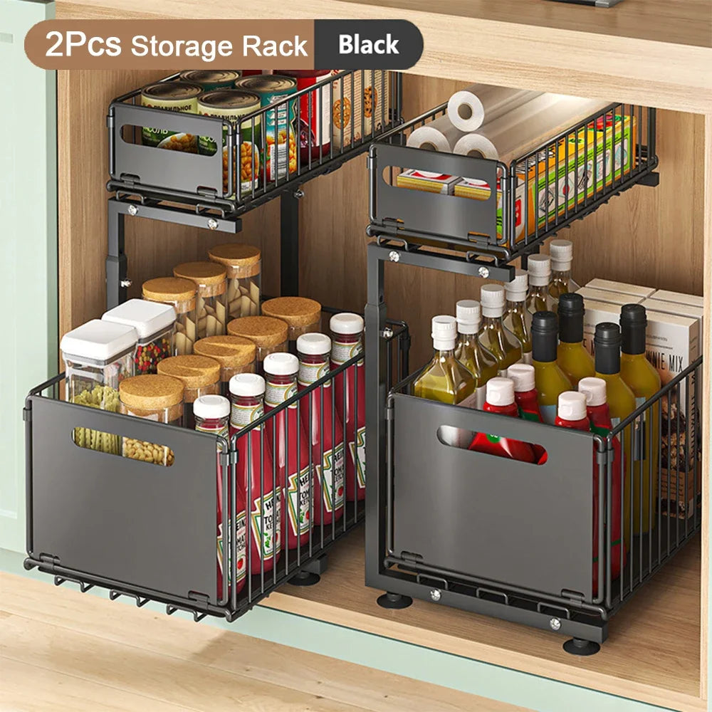 2 Tier Pull Out Cabinet Organiser Adjustable Under Sink Storage Rack Slide Out Drawer Kitchen Spice Jar Storage Shelf