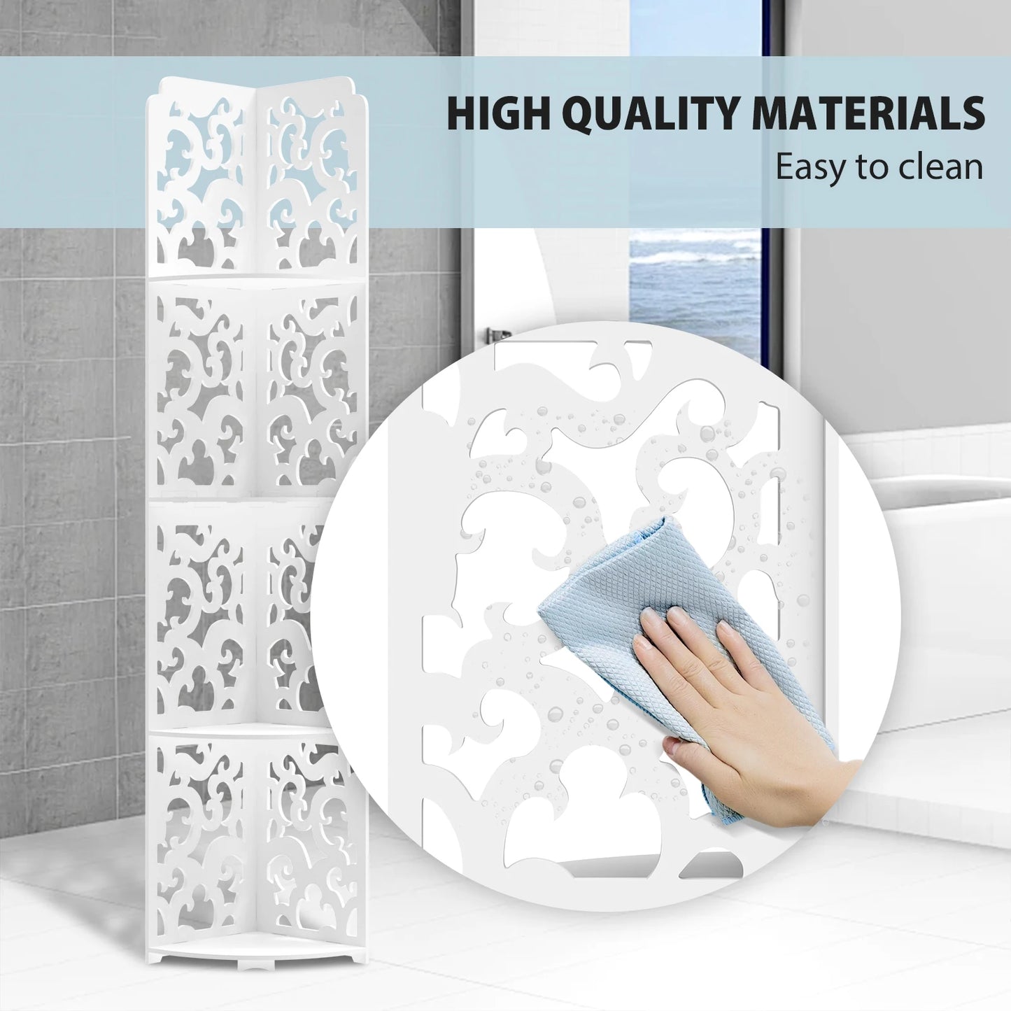 4 Tier Bathroom Corner Cabinet Storage Unit White, Floor Standing Shower Caddy Corner Shelf, PVC Waterproof Storage Organiser
