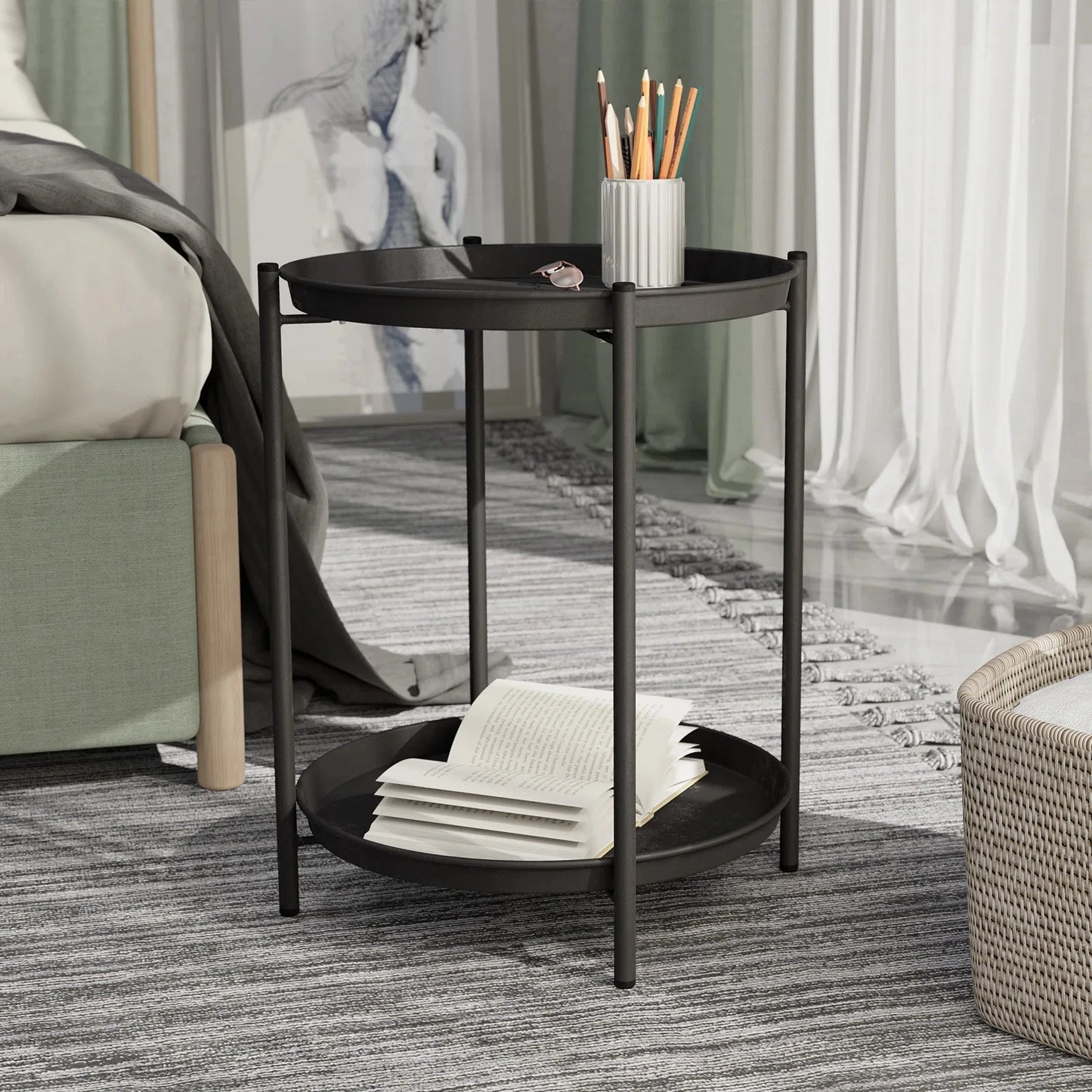 2-Tier Round Metal End Table, Modern Accent Table with Removable Tray Perfect For Home Garden Decor, Deck Party And Festival
