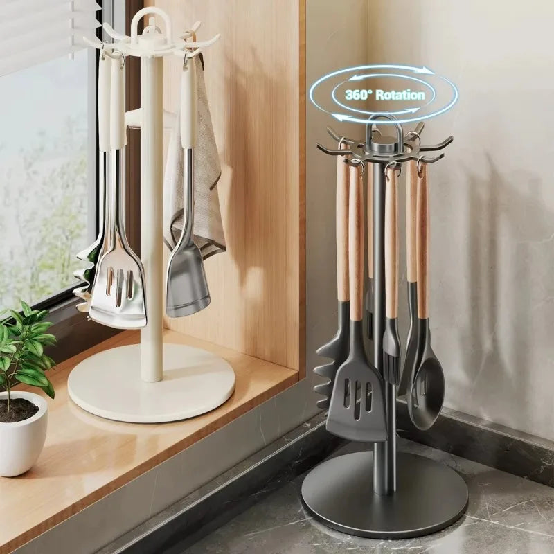 360° Rotating Kitchen Spatula and Utensil Rack - 8-Hook Movable Cooking Tool Storage Organiser for Countertop Space Saving