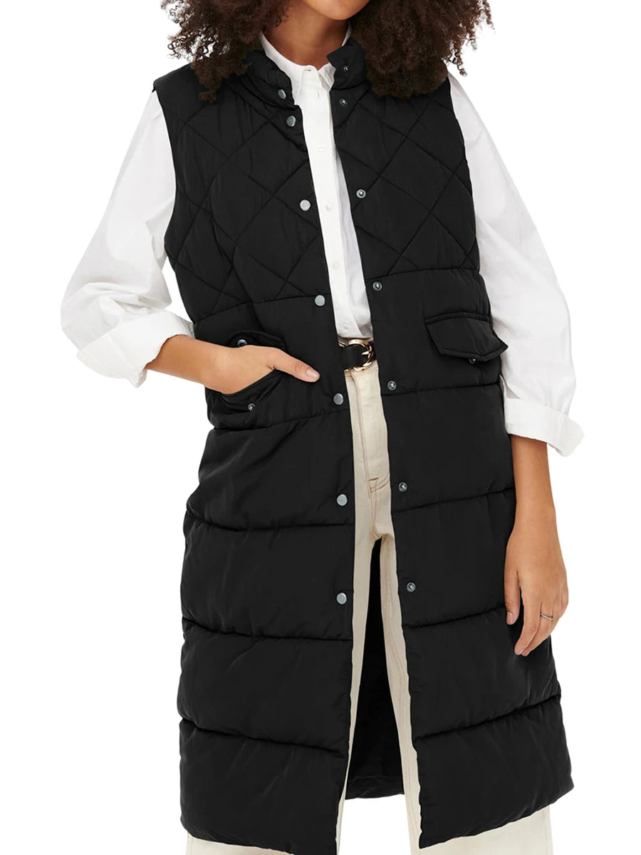 Women Quilted Puffer Vest Solid Color Warm down Jacket Button Cardigan for Winter Outwear Streetwear