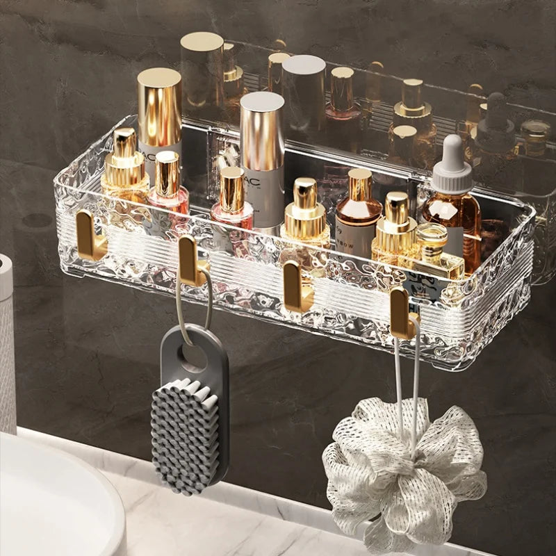 Wall Mounted Bathroom Storage Rack With 4 Hooks Corner Skincare Shampoo Shower Gel Shelf Makeup Perfume Holder