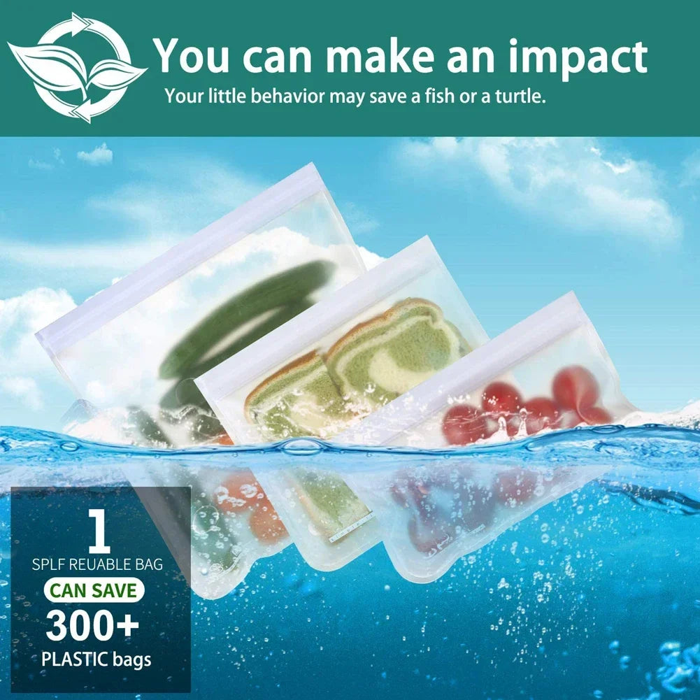 10PCS Food Grade Silicone Food Storage Bags Fresh-keeping Sealed Containers Leakproof Durable Reusable Stand Up Zip Freezer Bags