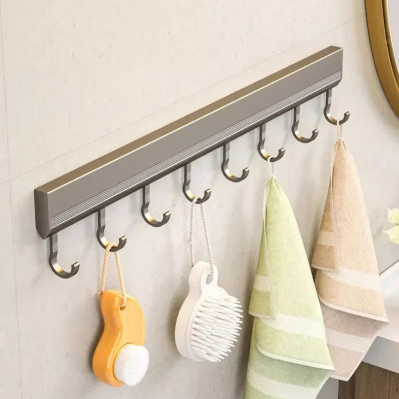 Aluminum Alloy Hooks Rack Wall Mounted Drill-Free Kitchen Utensils Storage Row Hook Holder Bathroom Robe Towel Coat Hangers