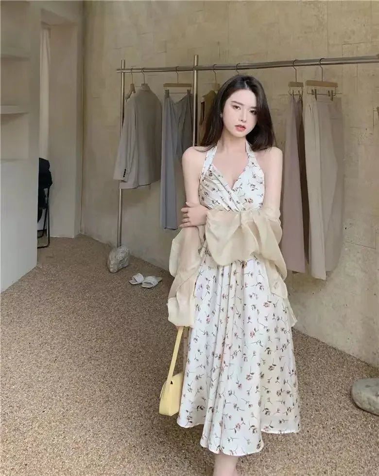 Summer New Gentle Wind Fragmented Flower V-Neck Sling Dress Set Waist Wrap Neck Hanging Long Dress Thin Sun Protection Cardigan