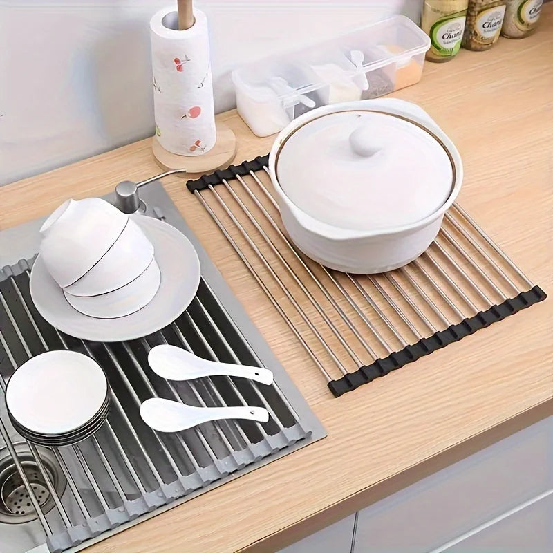 1pc Foldable Dish Drainer, Roll Up Dish Drying Rack ,Kitchen Sink Holder Organiser,Tableware Plate Storage Shelf