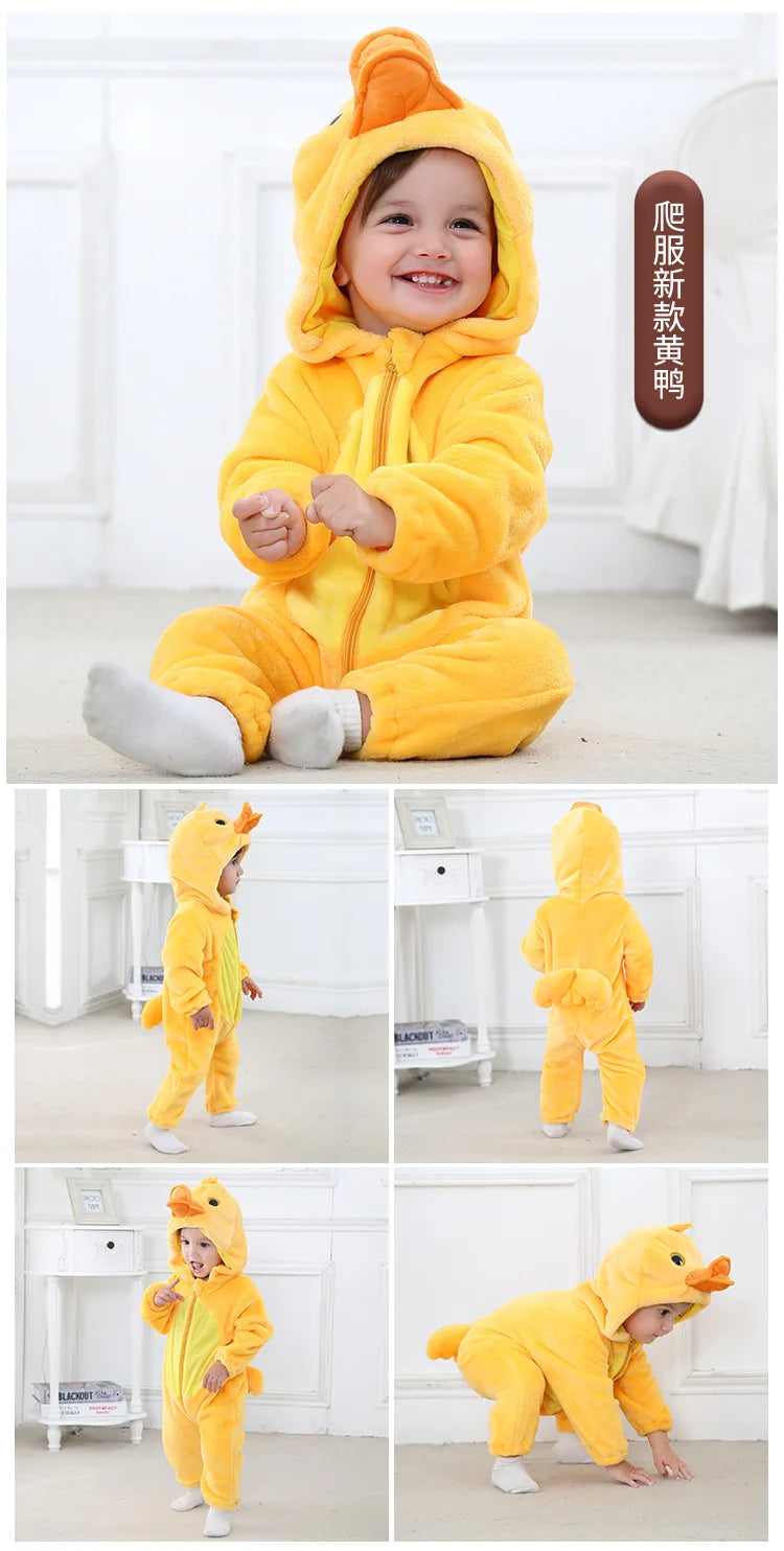 Baby Rompers Kids Cosplay Winter Flannel One-Pieces Hooded Jumpsuits Stitch Jumpers Overall Girl Grows Boy Growings Roupa Bebes